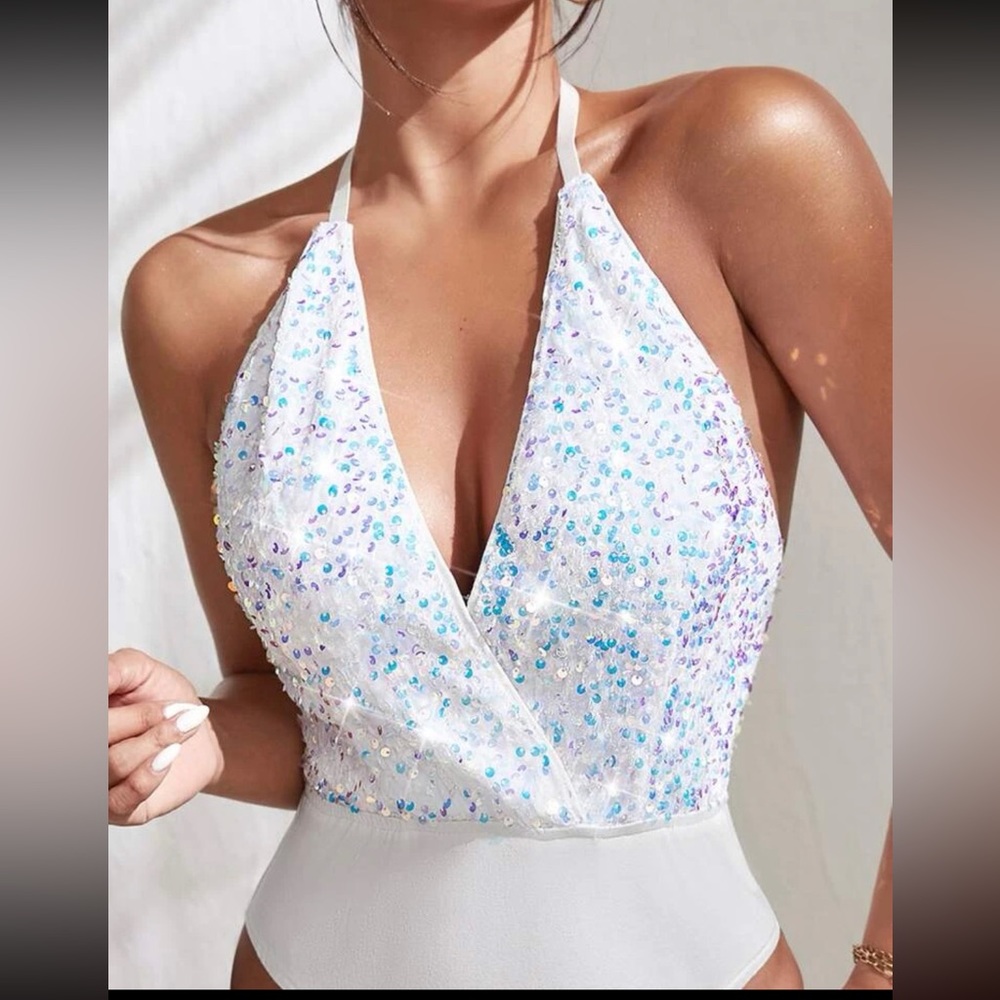 White iridescent Sequin backless halter bodysuit